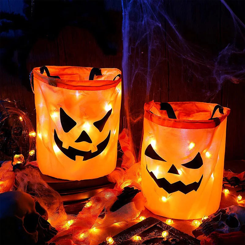 LED Light Halloween Trick or Treat Bucket Pumpkin Candy Bags Collapsible Halloween Basket for Halloween Glow Party Gift Basket