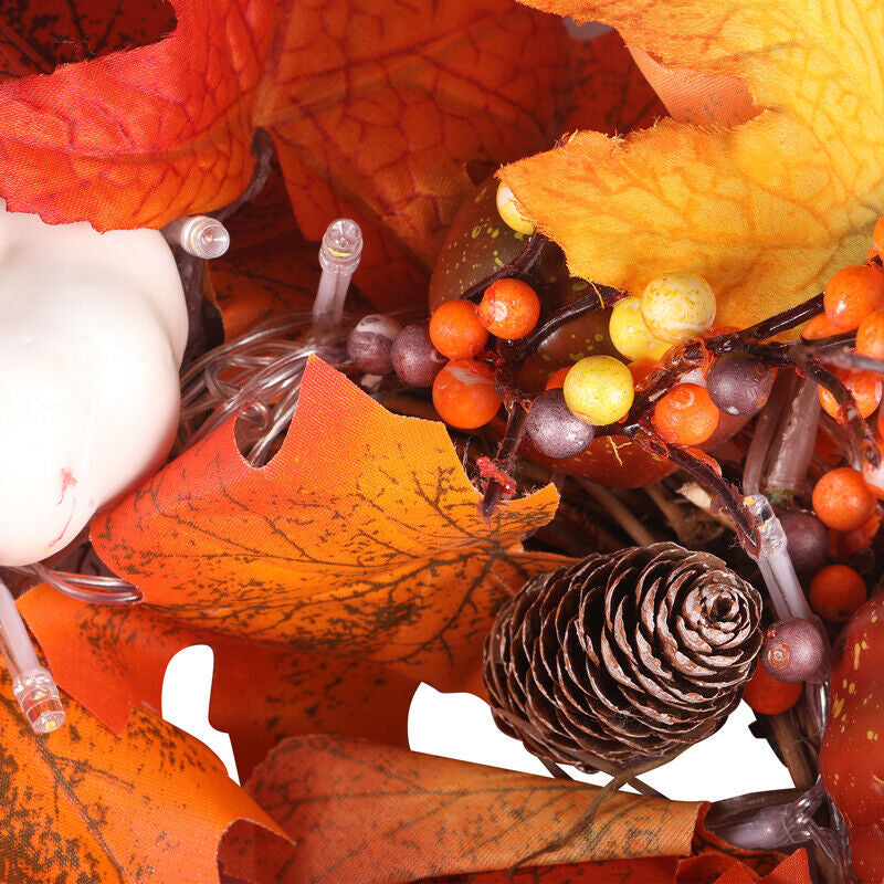 Fall Pumpkin Wreath Autumn Garlands LED Light Fr Front Door Hanging Thanksgiving