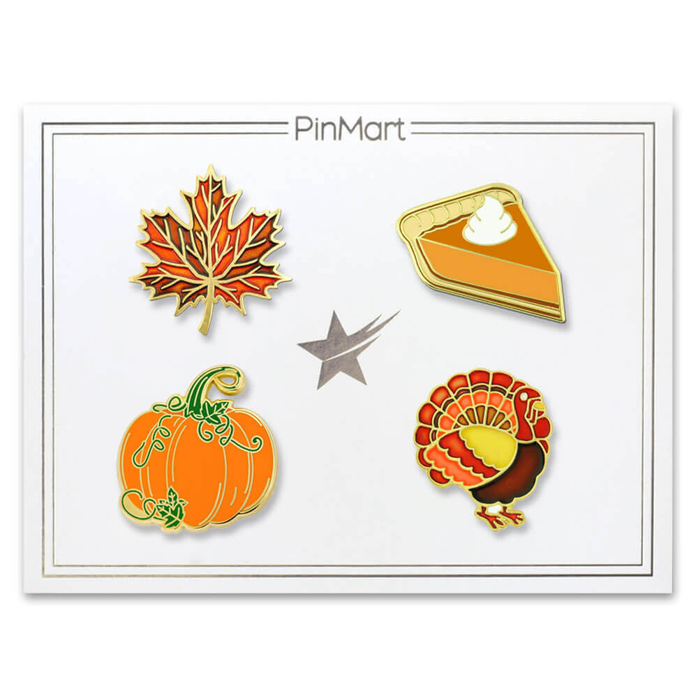 Pinmart Thanksgiving Pumpkin Pie Fall Autumn Leaf & Turkey Holiday Lapel Pin Set