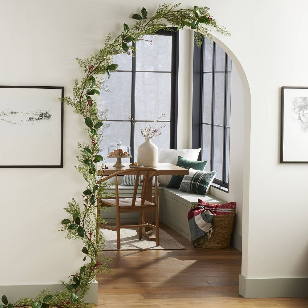 12' Faux Cedar & Magnolia Leaf with Winterberries Christmas Garland - Hearth &