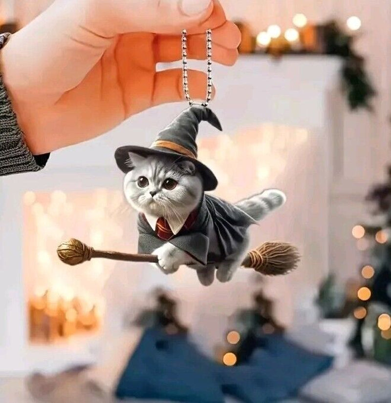 Flying Witch Cat | Acrylic Hanging Ornament | Halloween | Gothic | 2D Christmas