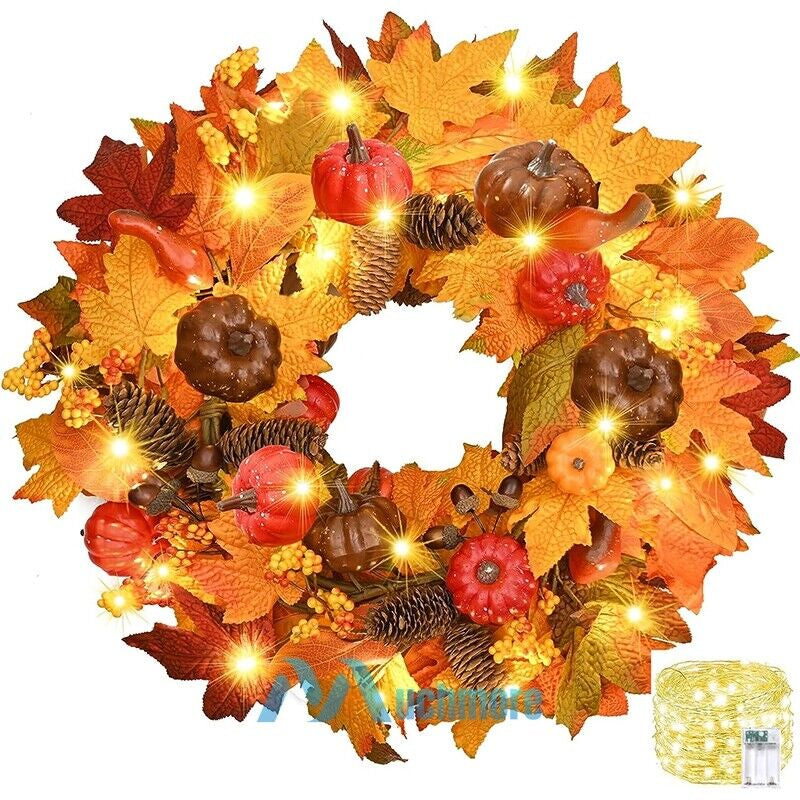 Fall Pumpkin Wreath Autumn Garlands LED Light Fr Front Door Hanging Thanksgiving