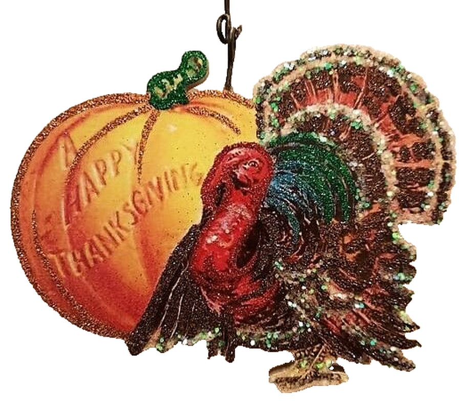 COLORFUL TURKEY W LARGE PUMPKIN * THANKSGIVING ORNAMENT * Vtg Img