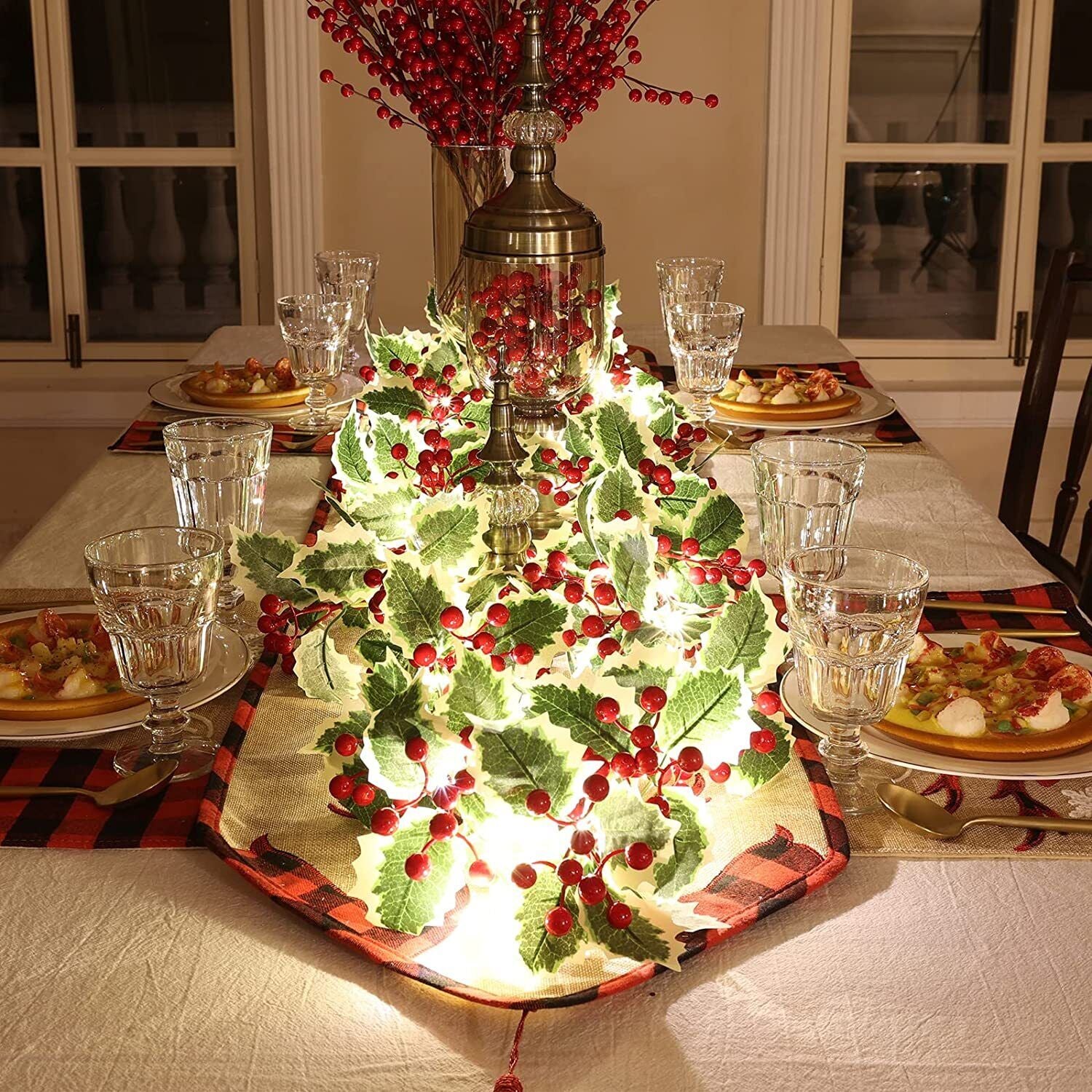 6 FT Christmas Garland with Lights Pine Cones Red Berries Green Holly Leaves
