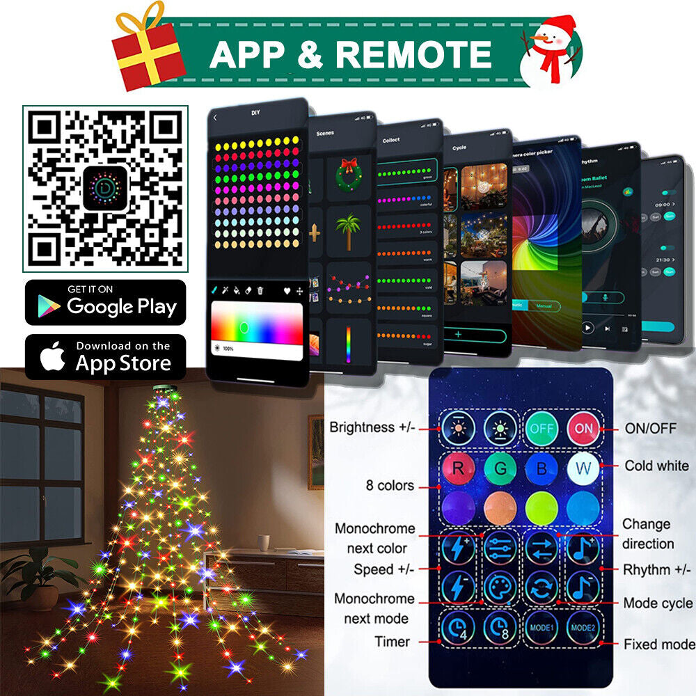 160LED Christmas Tree Waterfall Lights Fairy String Outdoor Waterproof Decor RGB