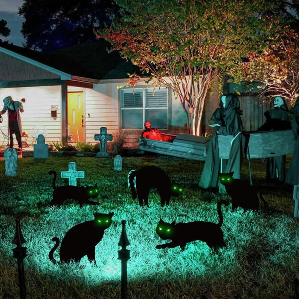 Outdoor Halloween Decorations, 5Ct Black Cat Yard Decor with LED Lights in Eyes,
