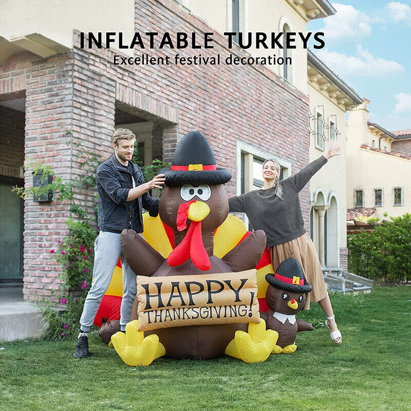 6Ft Thanksgiving Inflatable LED Lighted Turkey Family Blow up Outdoor Lawn Yard