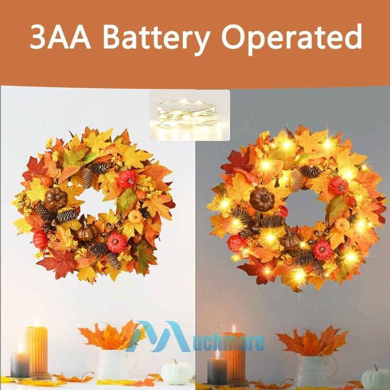 Fall Pumpkin Wreath Autumn Garlands LED Light Fr Front Door Hanging Thanksgiving