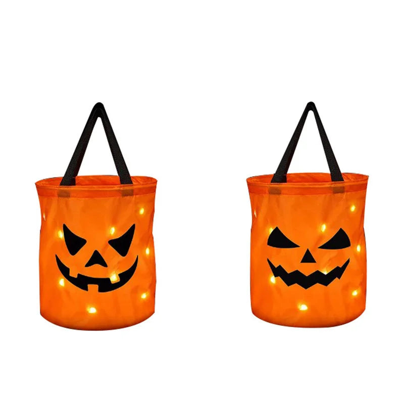 LED Light Halloween Trick or Treat Bucket Pumpkin Candy Bags Collapsible Halloween Basket for Halloween Glow Party Gift Basket