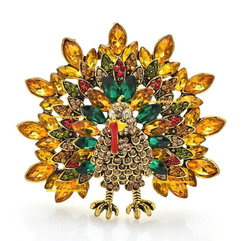 Turkey Thanksgiving Day / Fall Crystal Rhinestone Brooch Pin Velvet Bag