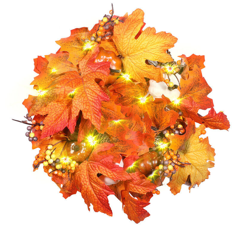 Fall Pumpkin Wreath Autumn Garlands LED Light Fr Front Door Hanging Thanksgiving