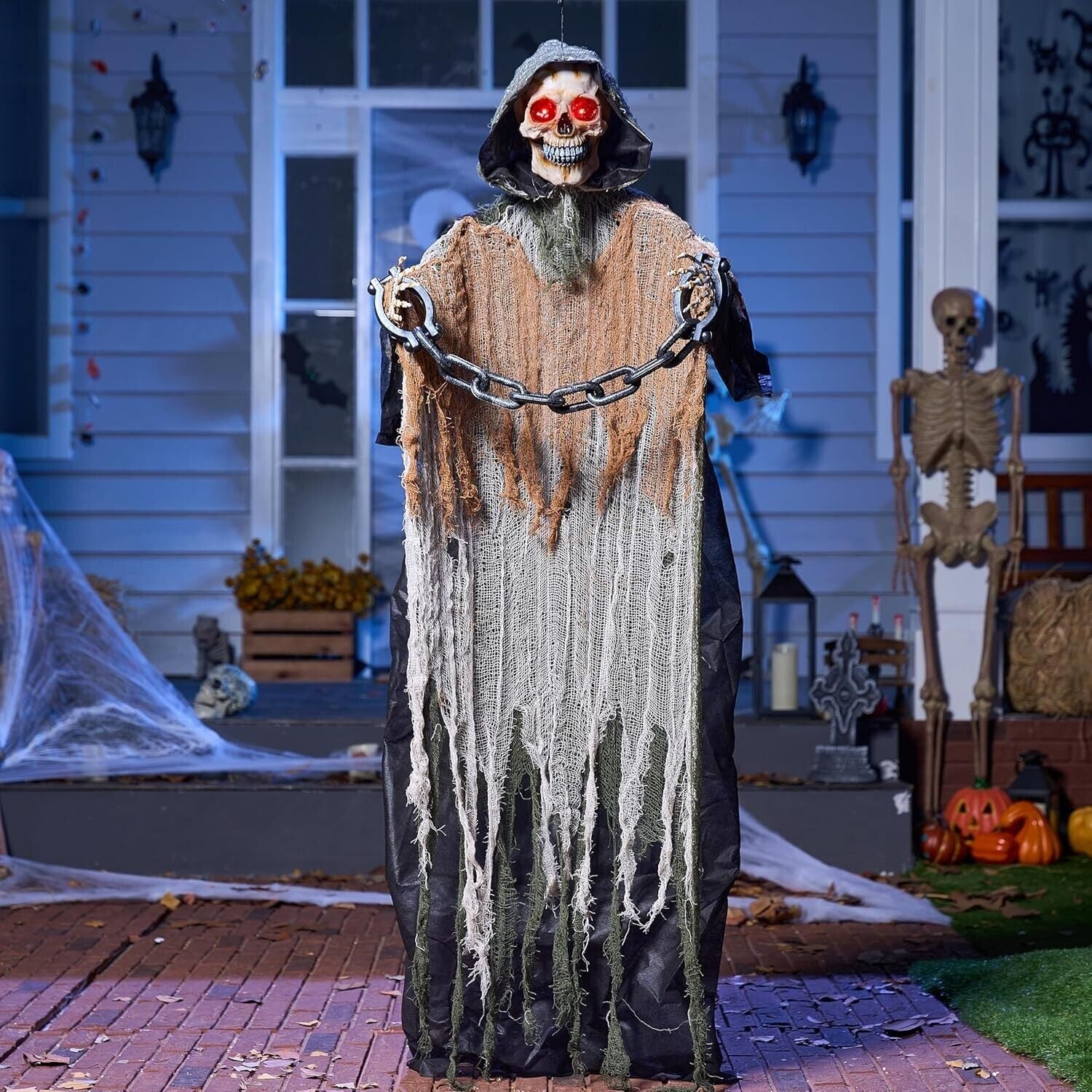 67” Halloween Animatronics Outdoor Hanging, Animated Hanging Skeleton Ghost