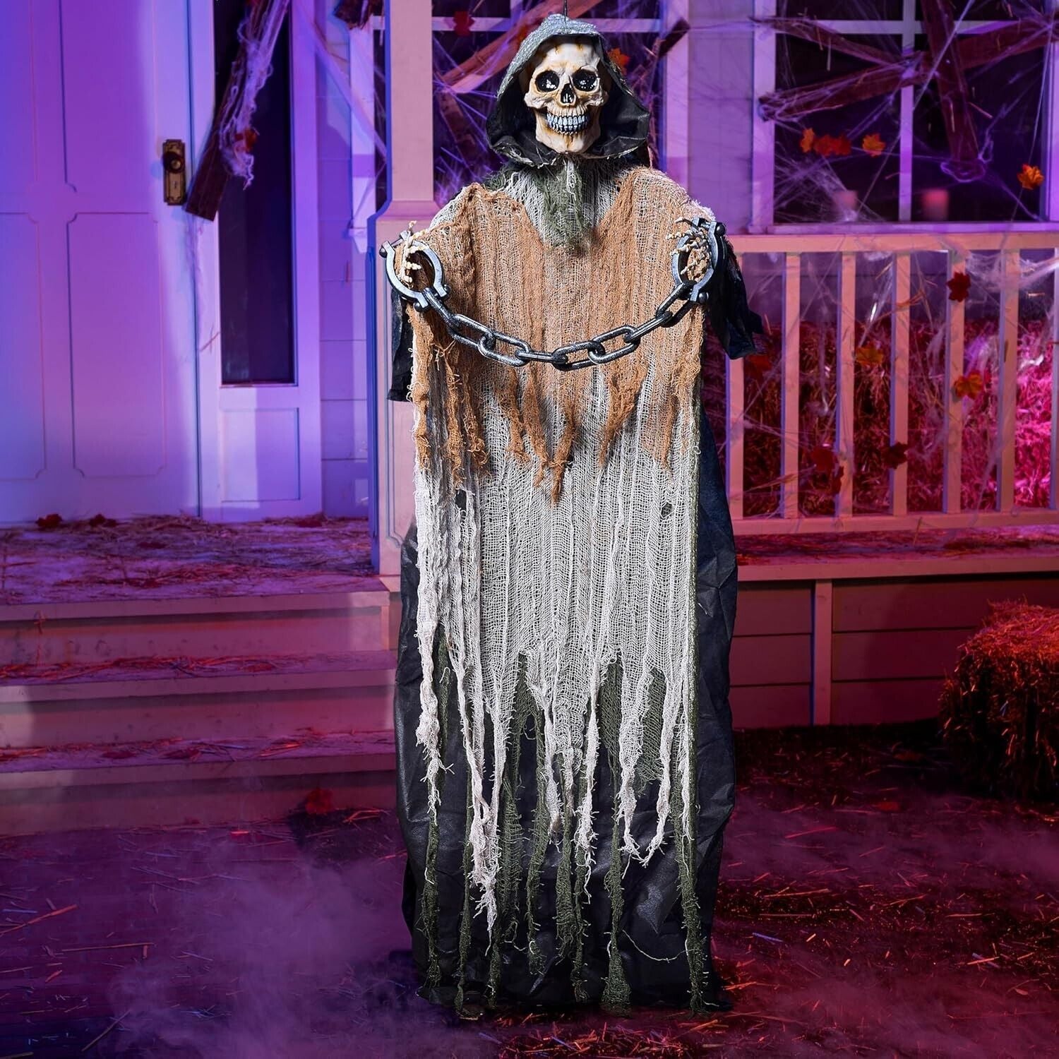 67” Halloween Animatronics Outdoor Hanging, Animated Hanging Skeleton Ghost