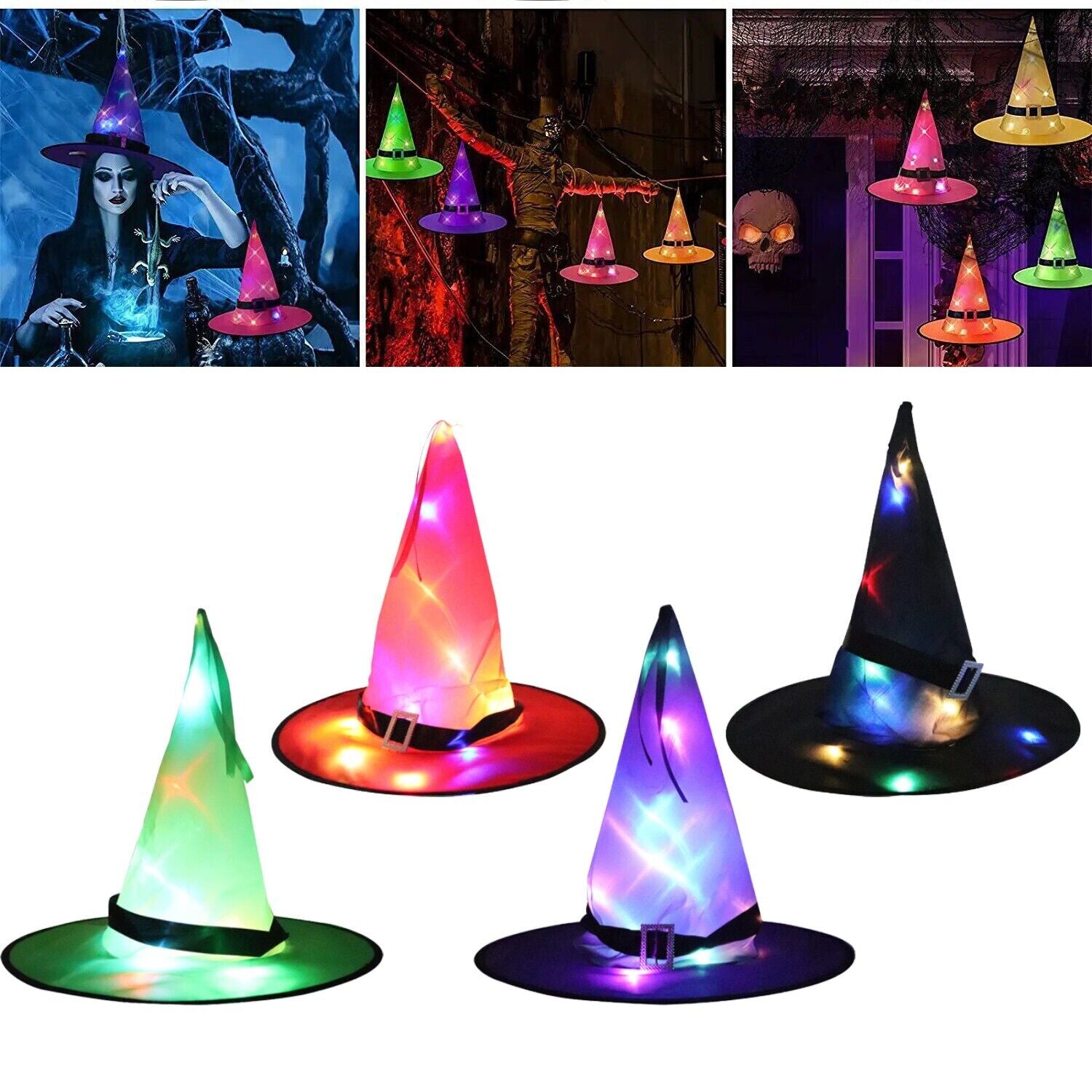 Halloween Witch Hats Lights Decoration for Outdoor Indoor Garden Yard -4 Pcs Set