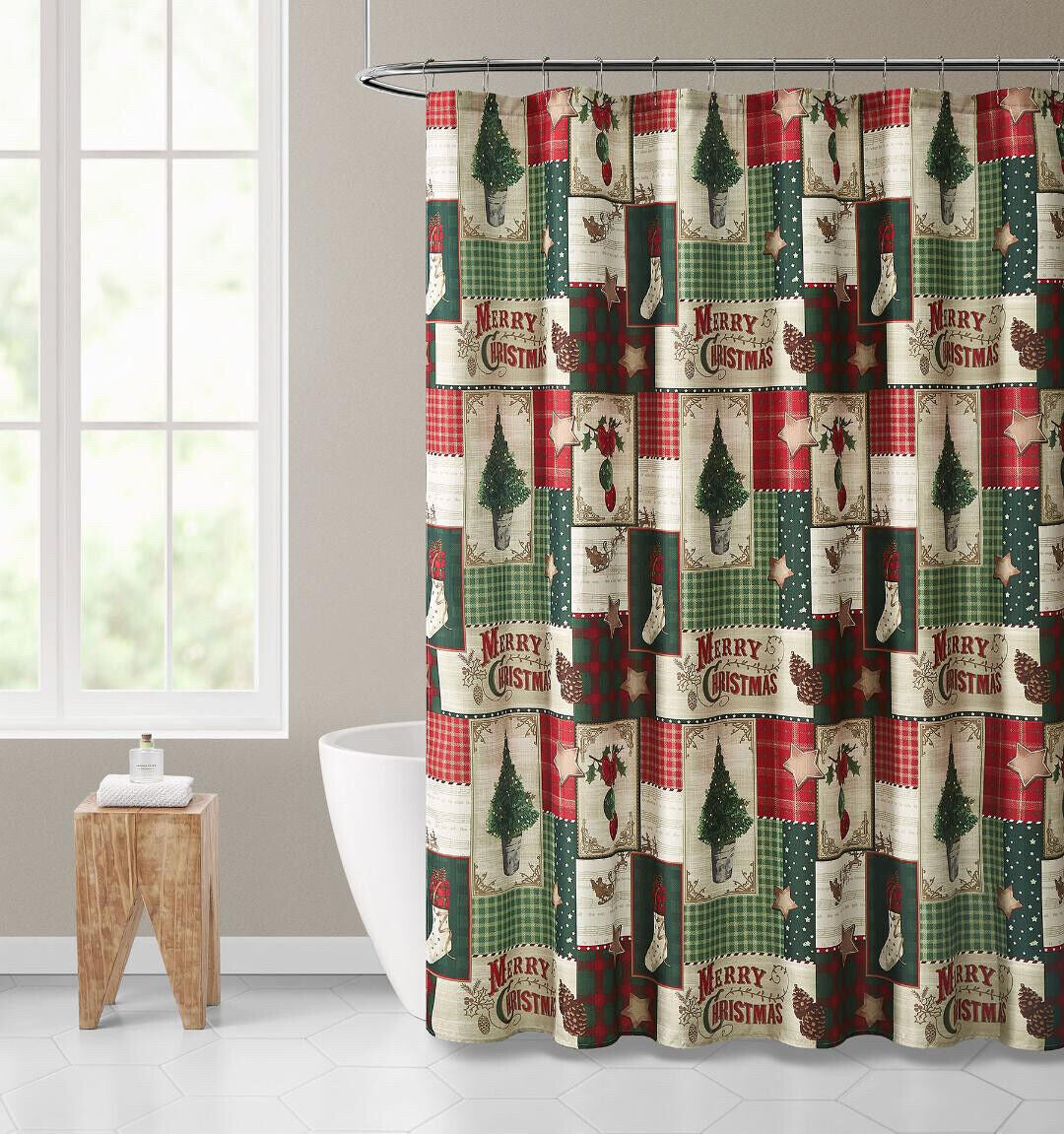 Merry Christmas Evergreens & Ornamets Plaid Farmhouse Fabric Shower Curtain
