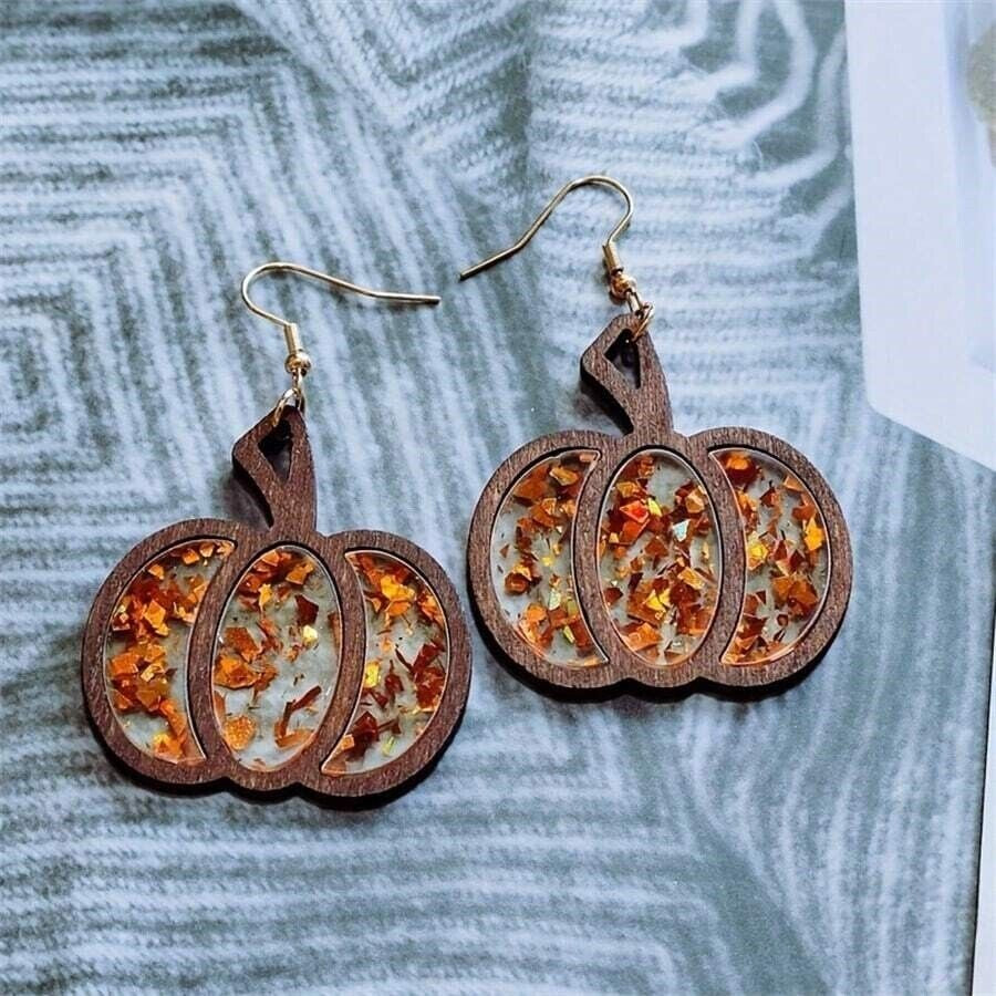 Halloween Pumpkin Drop Earrings Wooden Thanksgiving Dangle Earrings for Women