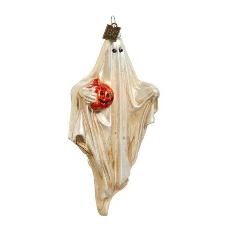 Raz Eric Cortina Ghost W Pumpkin JOL Glass Ornament Retro Vntg Halloween Decor