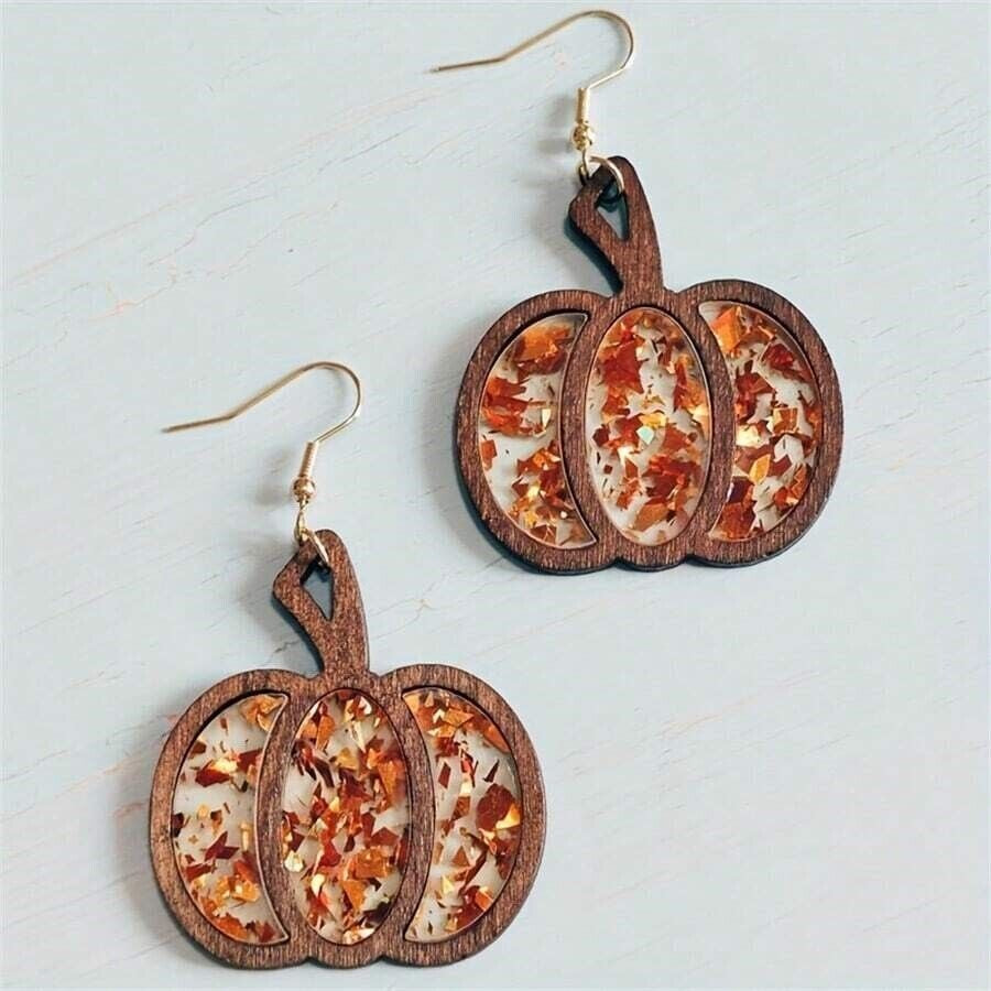 Halloween Pumpkin Drop Earrings Wooden Thanksgiving Dangle Earrings for Women