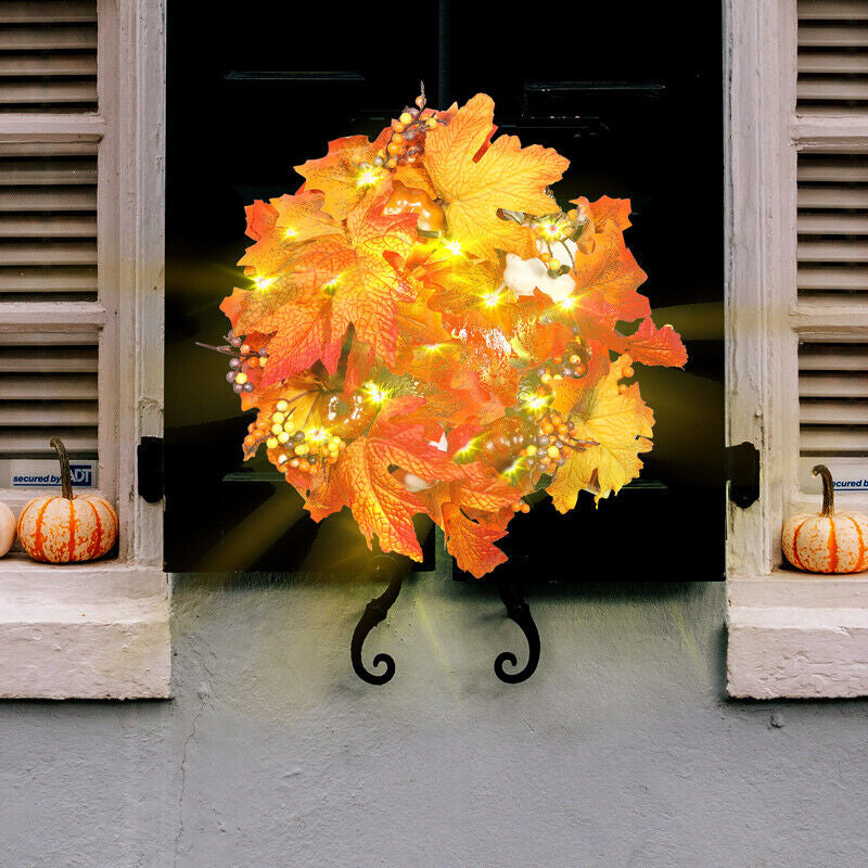 Fall Pumpkin Wreath Autumn Garlands LED Light Fr Front Door Hanging Thanksgiving