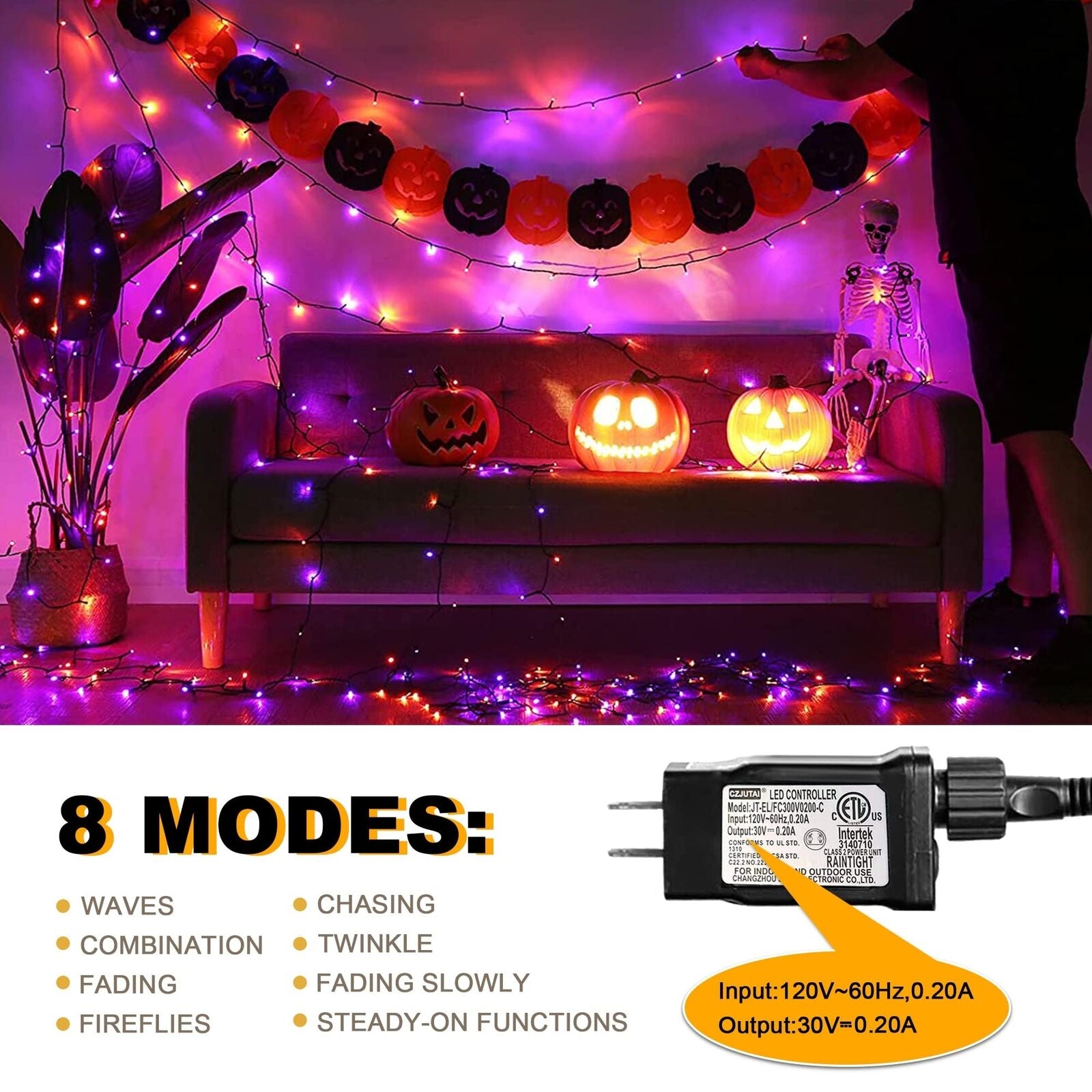 300 LED Orange&Purple Halloween Lights 99FT Connectable 8 Lighting Modes with M