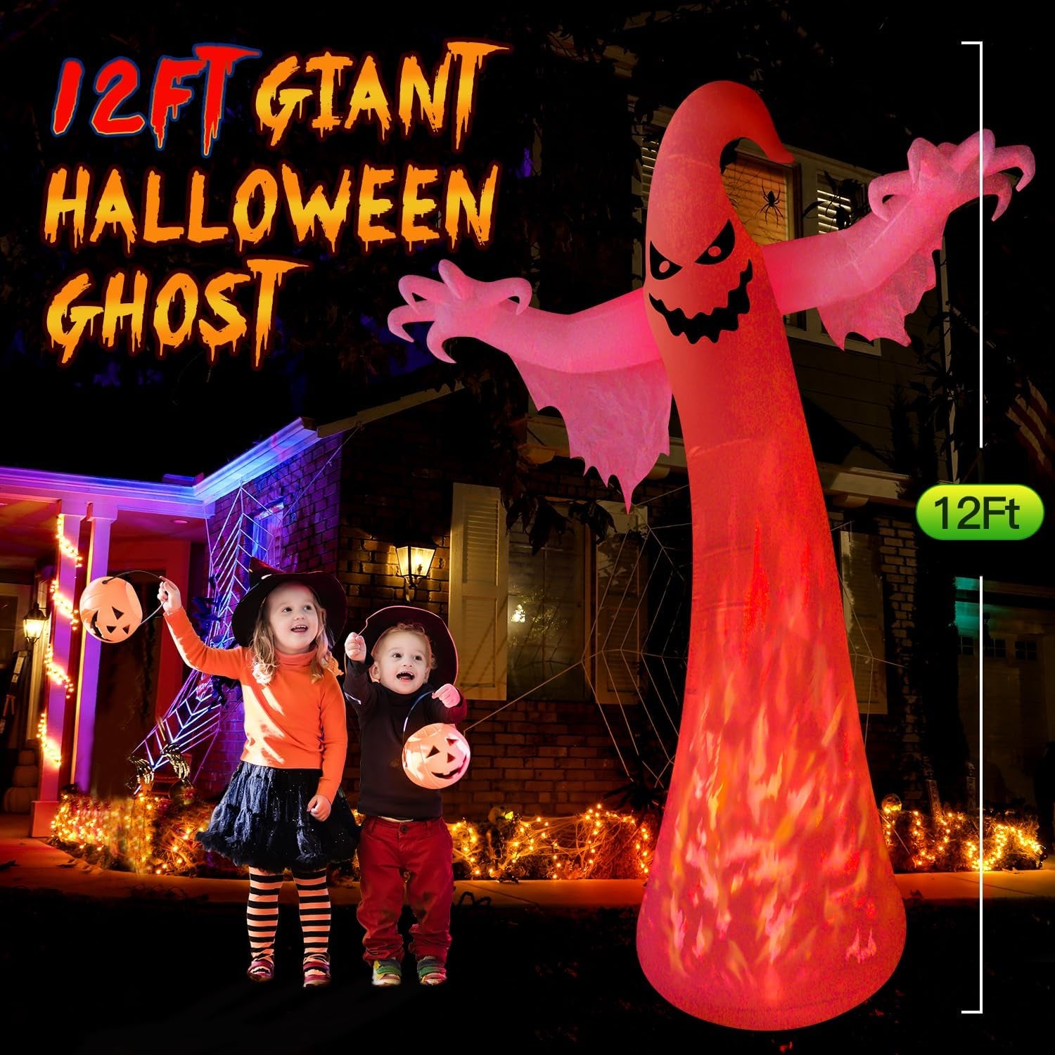 12FT Halloween Inflatable Ghost with Color-Changing Flames for Spooky Decor
