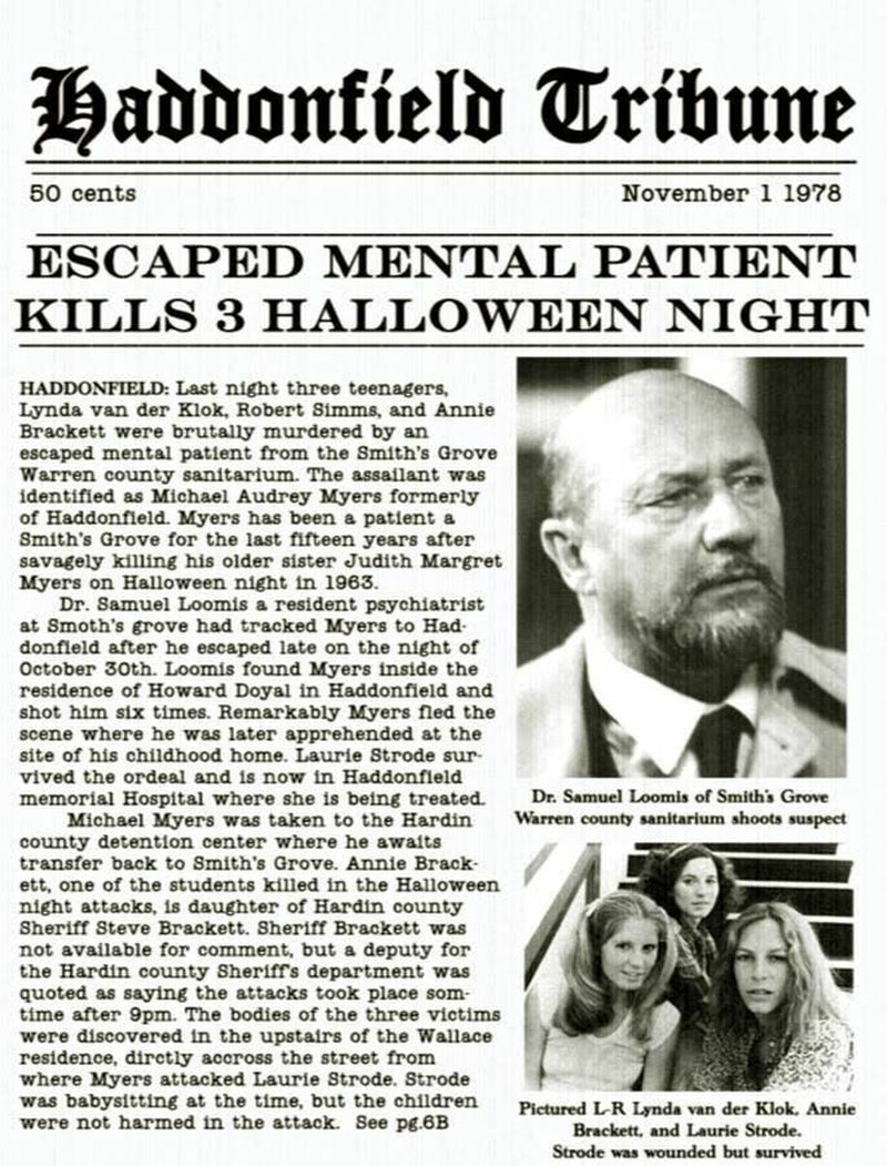 1978 Halloween Haddonfield Tribune Escaped Mental Patient Michael Myers Print