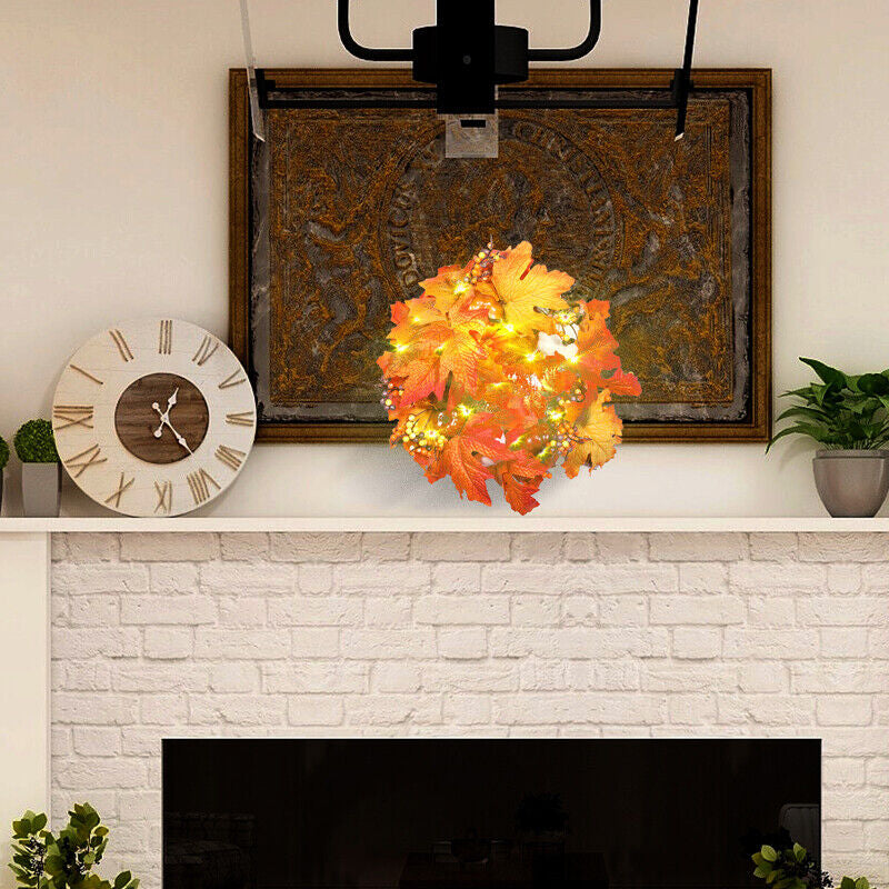 Fall Pumpkin Wreath Autumn Garlands LED Light Fr Front Door Hanging Thanksgiving