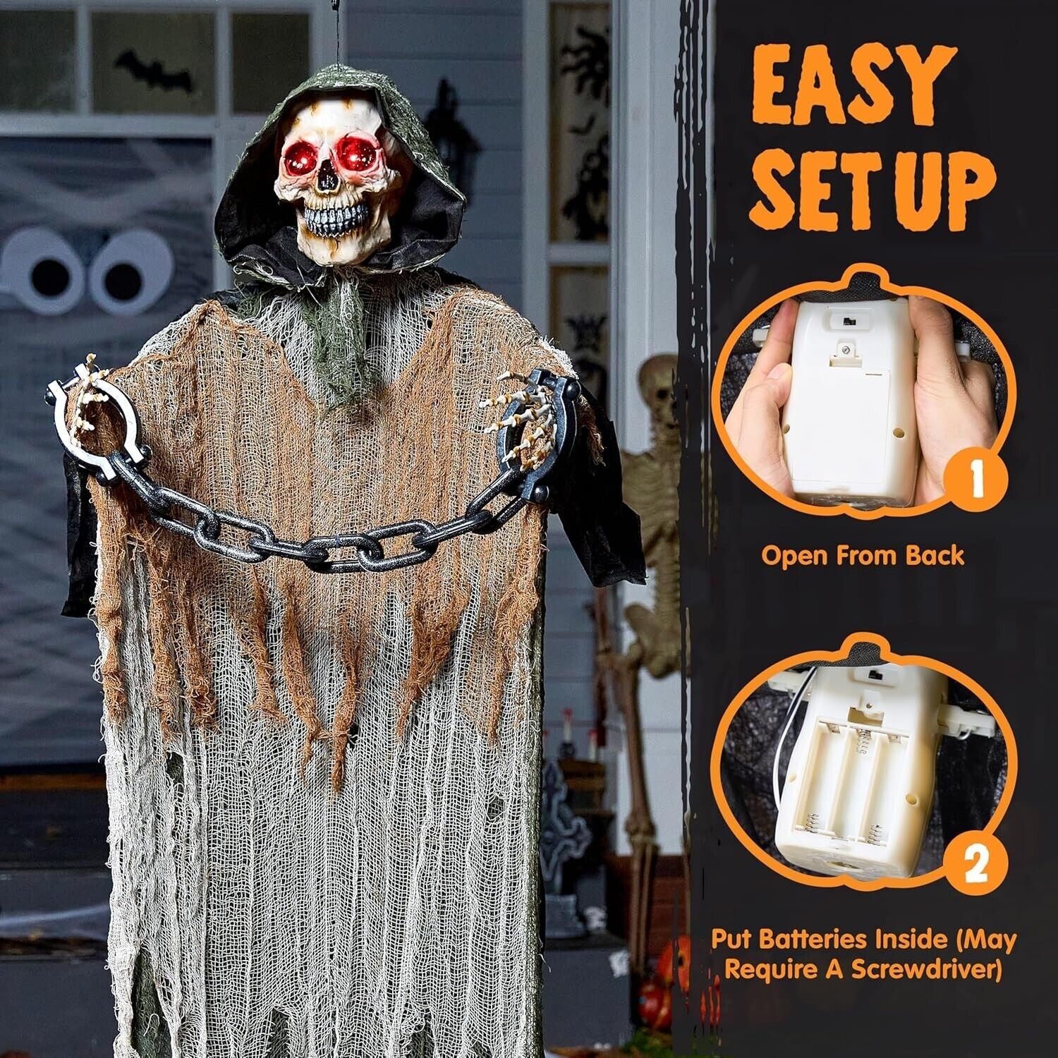 67” Halloween Animatronics Outdoor Hanging, Animated Hanging Skeleton Ghost