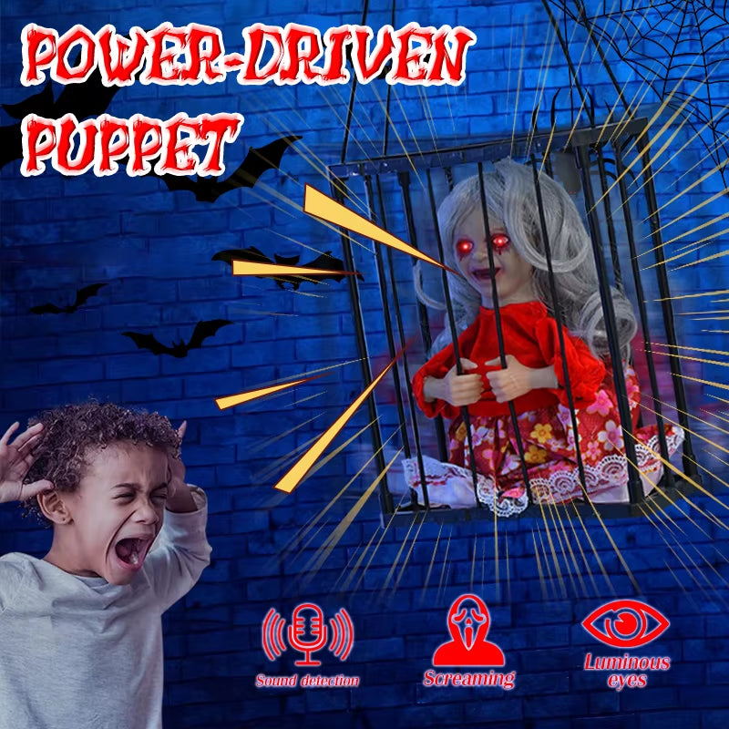 Halloween Animatronics Horror Skeleton Prisoner Toy Flashing Light Sound Doll Scary Ghost Haunted House Horror Party Props Decor