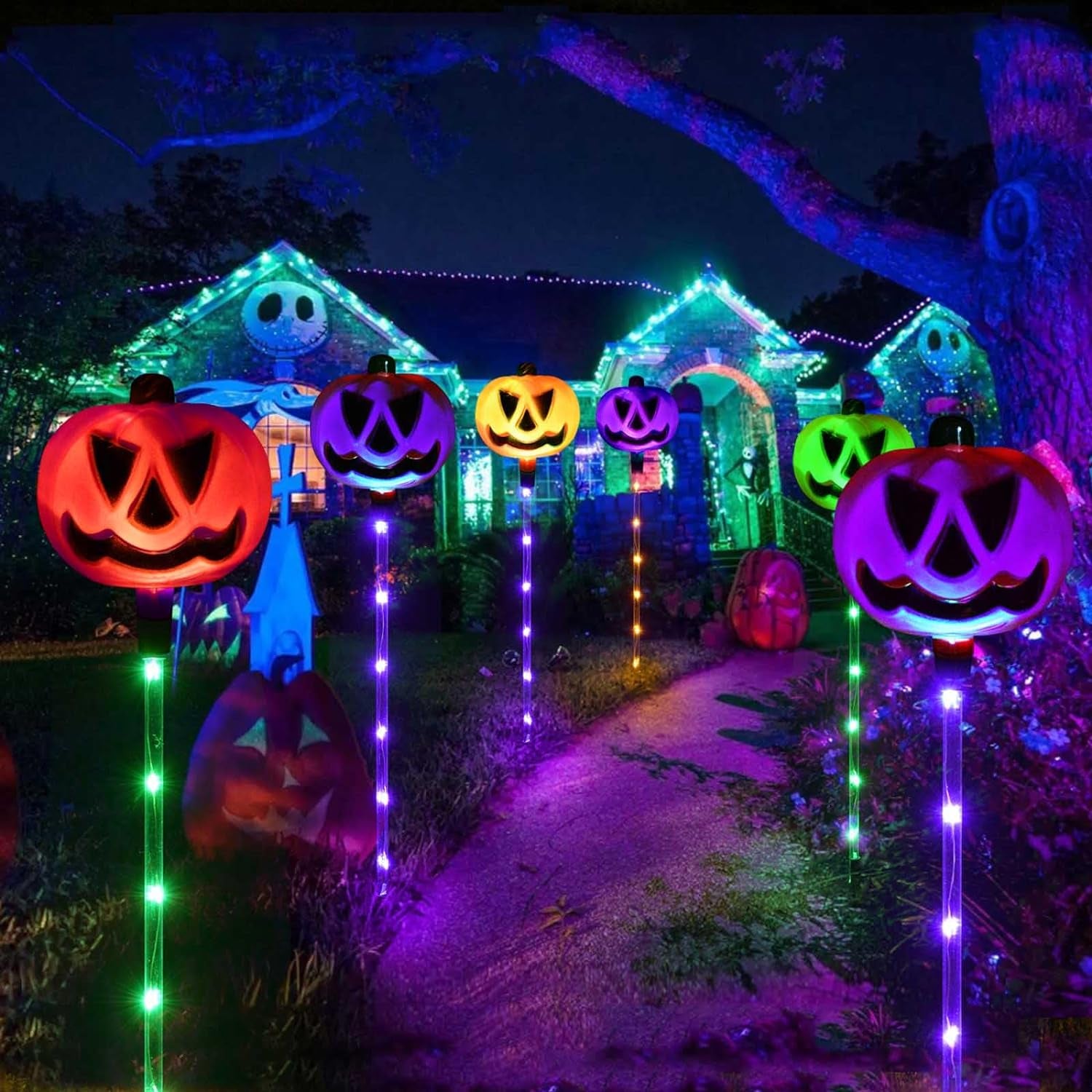 6PCS Solar Halloween Outdoor Decorations Pumpkin Pathway Lights Color Changing