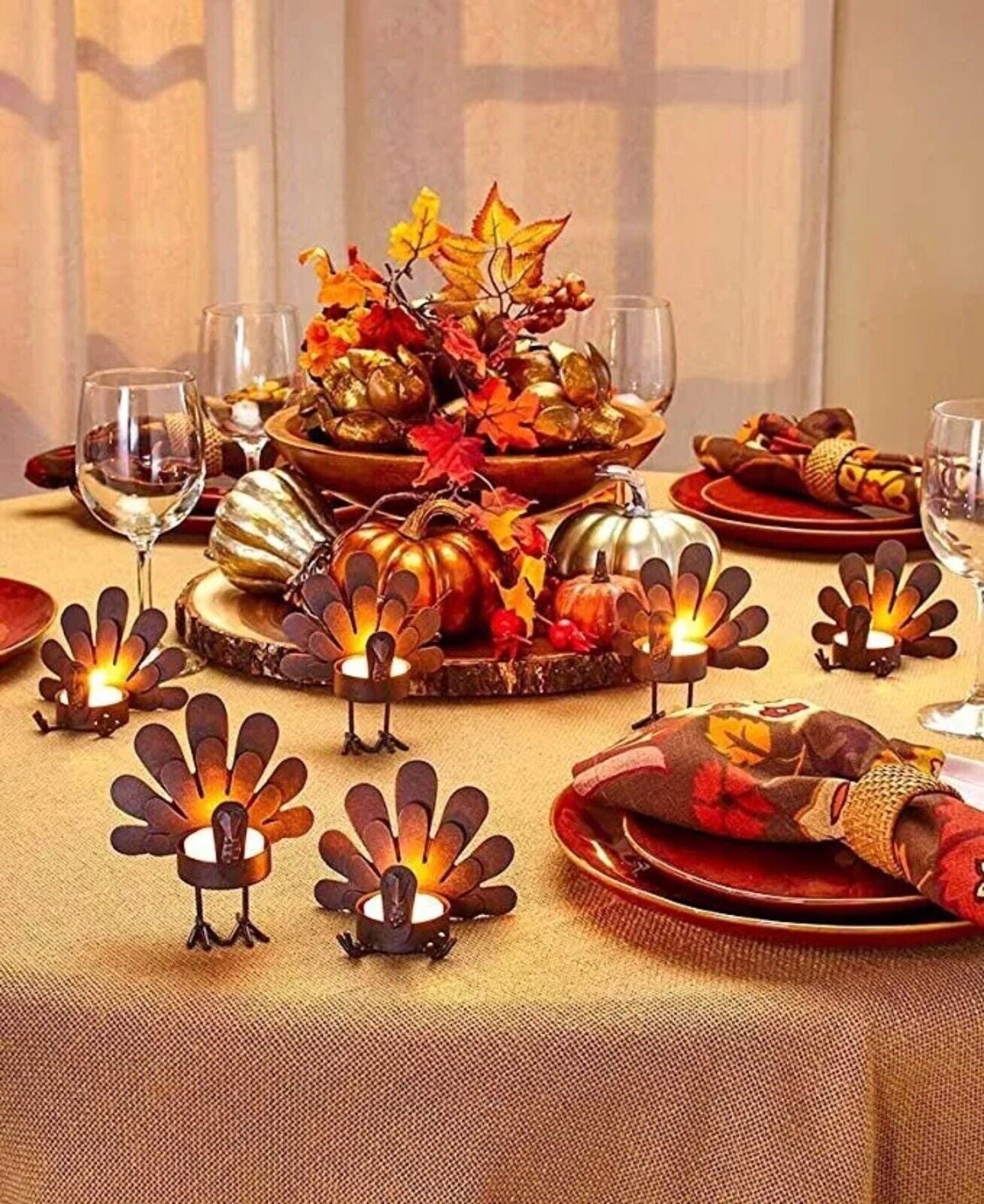 Set of 6 Rustic Bronze Turkey Tea Light Candleholders, Thanksgiving, Fall Decor