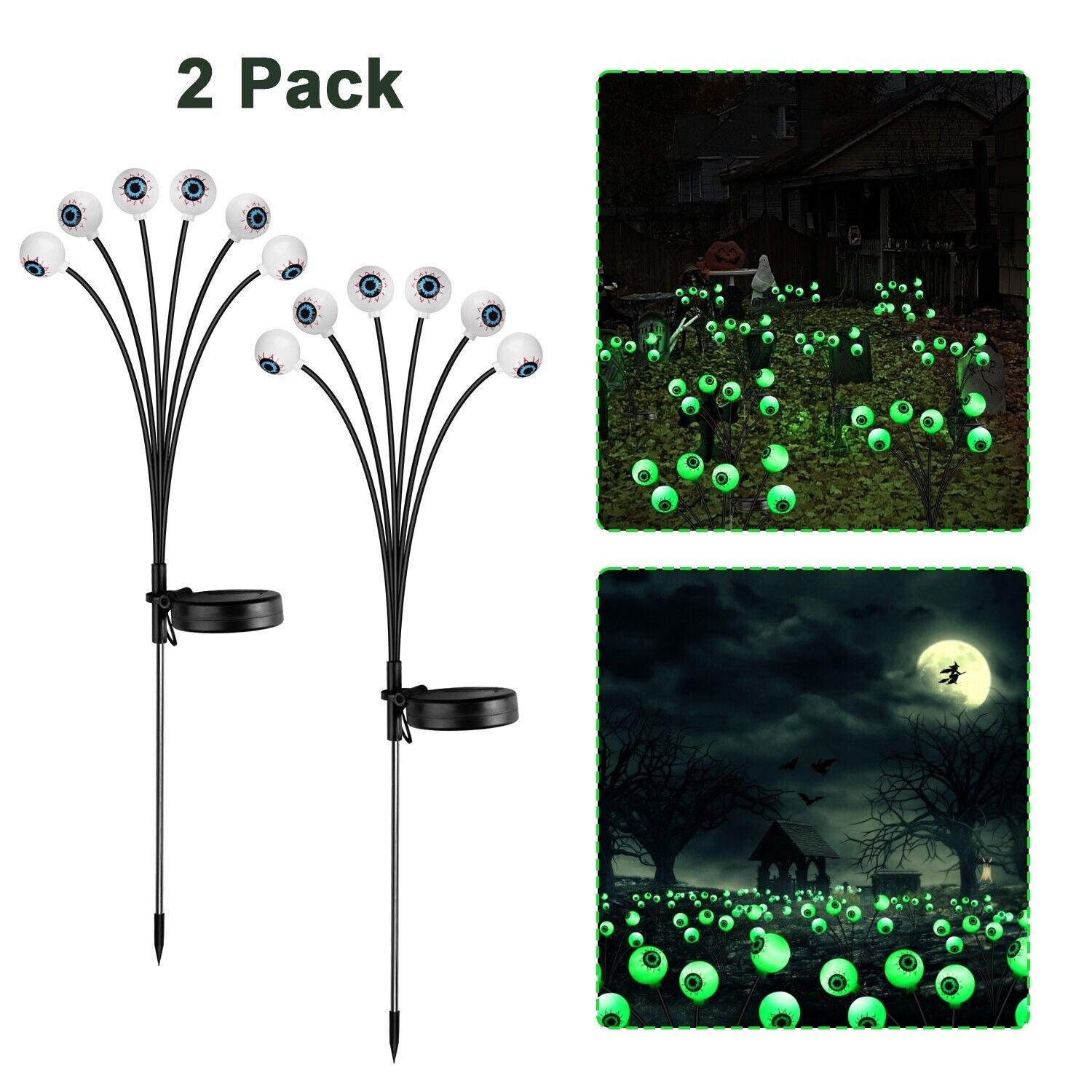 2 Pack LED Solar Eyeballs Light Garden Outdoor Waterproof Halloween Decor Lamp