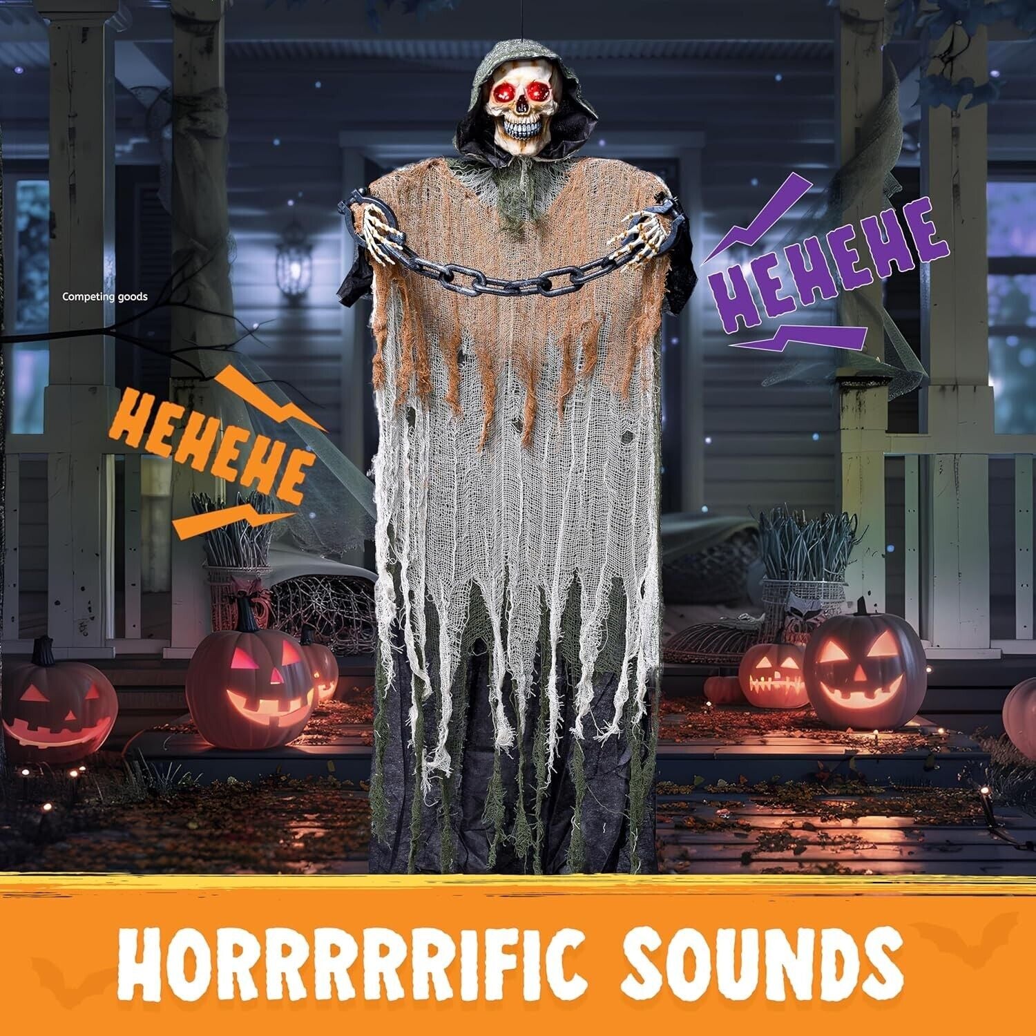 67” Halloween Animatronics Outdoor Hanging, Animated Hanging Skeleton Ghost