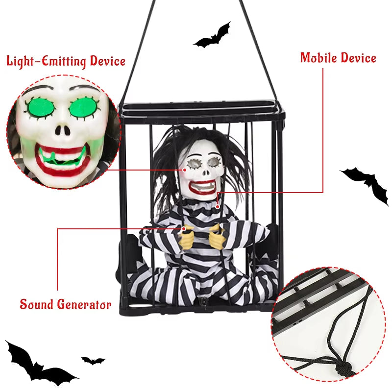 Halloween Animatronics Horror Skeleton Prisoner Toy Flashing Light Sound Doll Scary Ghost Haunted House Horror Party Props Decor