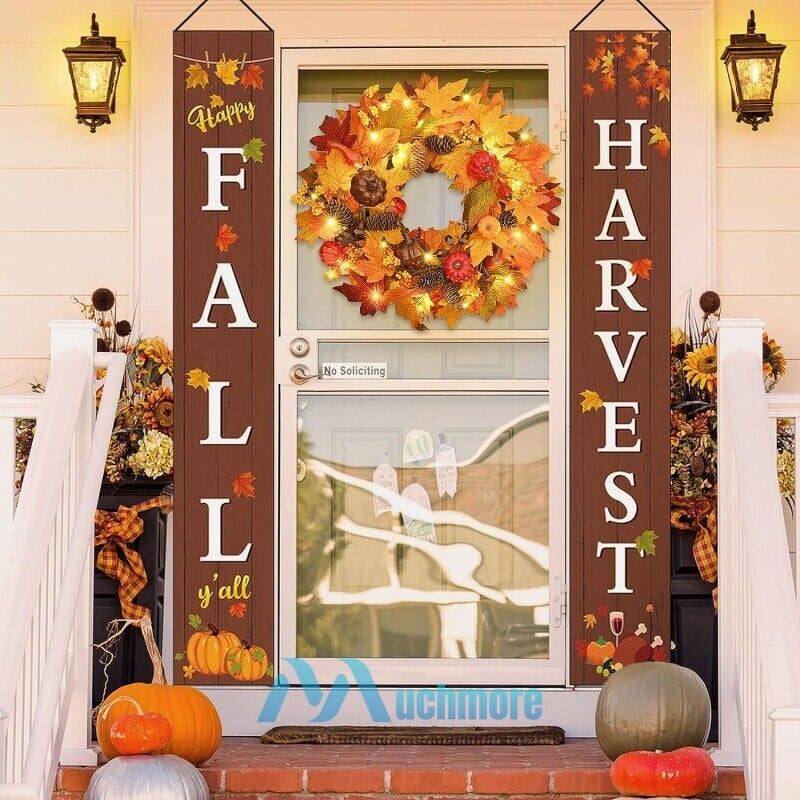 Fall Pumpkin Wreath Autumn Garlands LED Light Fr Front Door Hanging Thanksgiving