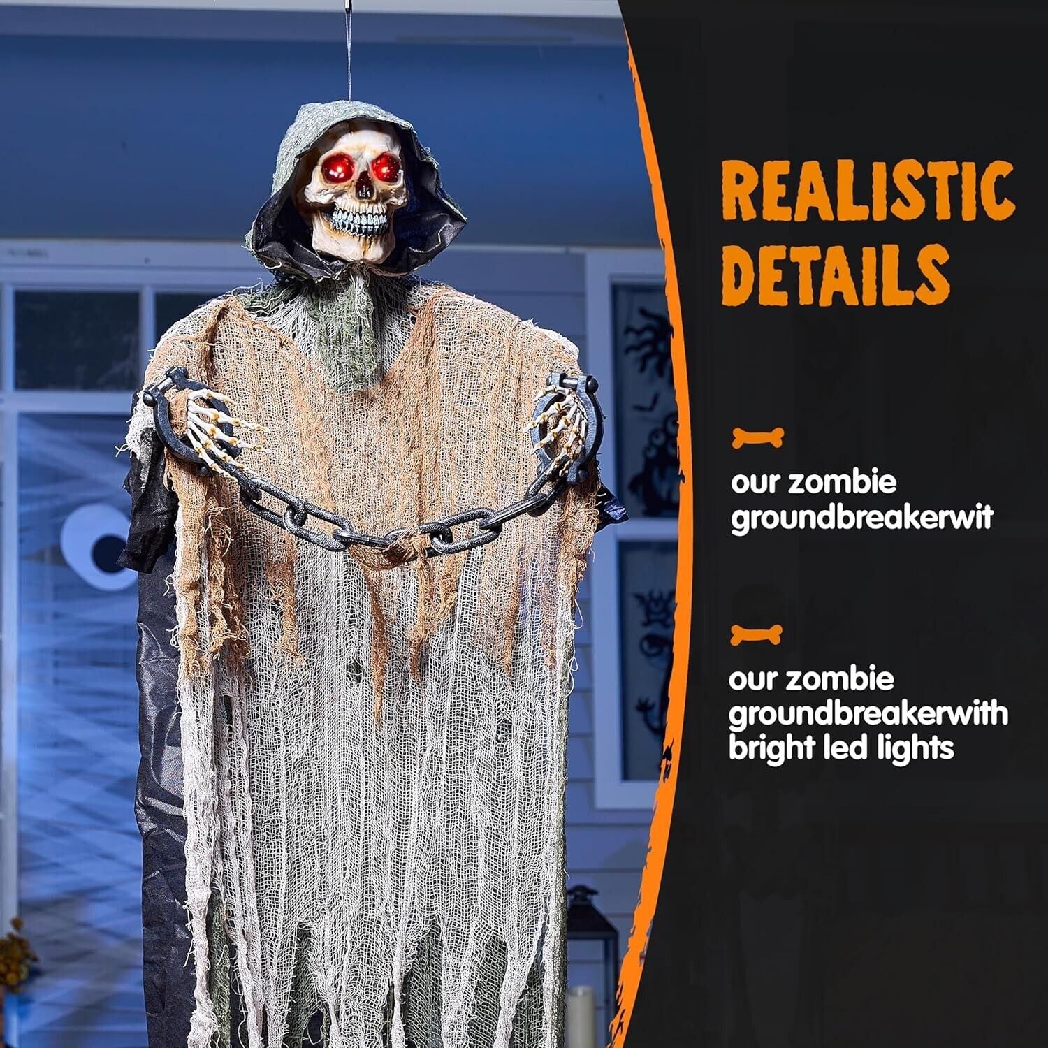 67” Halloween Animatronics Outdoor Hanging, Animated Hanging Skeleton Ghost