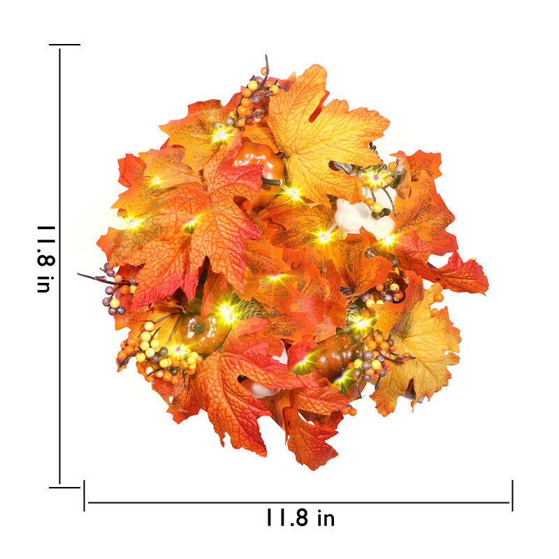 Fall Pumpkin Wreath Autumn Garlands LED Light Fr Front Door Hanging Thanksgiving