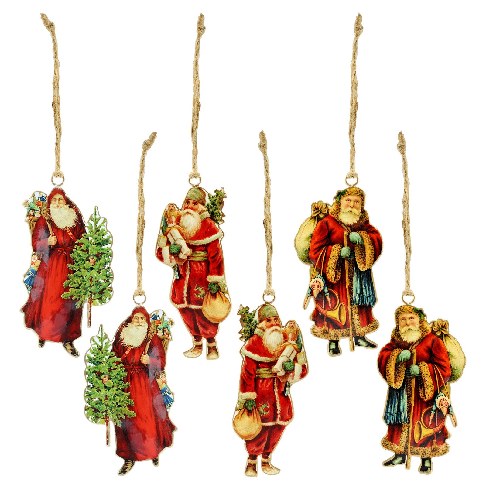 Vintage Santa Christmas Ornaments 3 Designs, 6 Total; Nostalgic Metal Frames