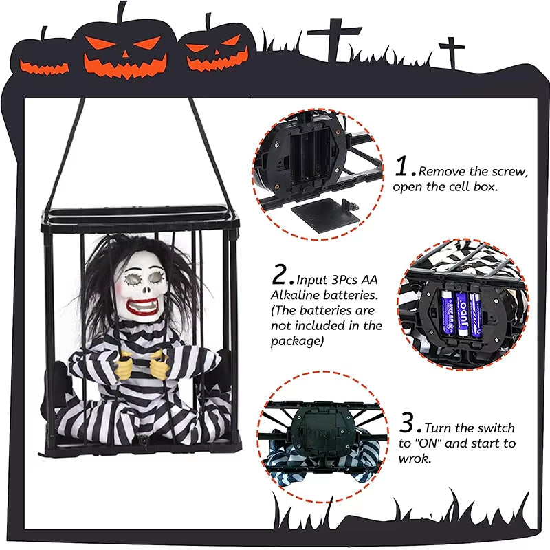 Halloween Animatronics Horror Skeleton Prisoner Toy Flashing Light Sound Doll Scary Ghost Haunted House Horror Party Props Decor
