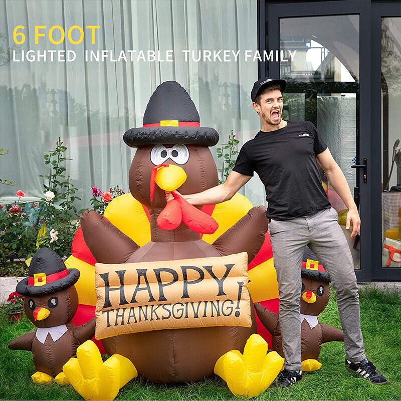 6Ft Thanksgiving Inflatable LED Lighted Turkey Family Blow up Outdoor Lawn Yard