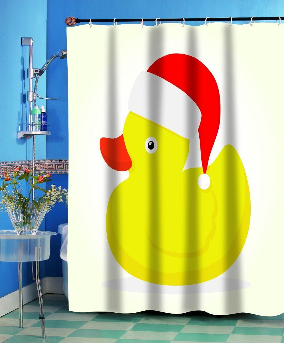 Christmas Ducky Fabric Shower Curtain 70Wx72L Duck Santa Hat White Background