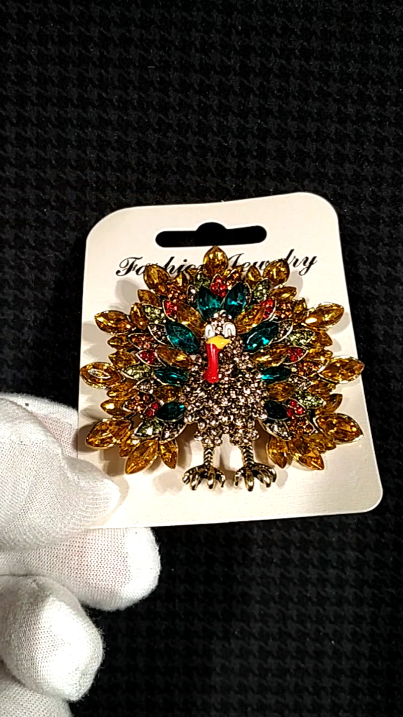 Turkey Thanksgiving Day / Fall Crystal Rhinestone Brooch Pin Velvet Bag