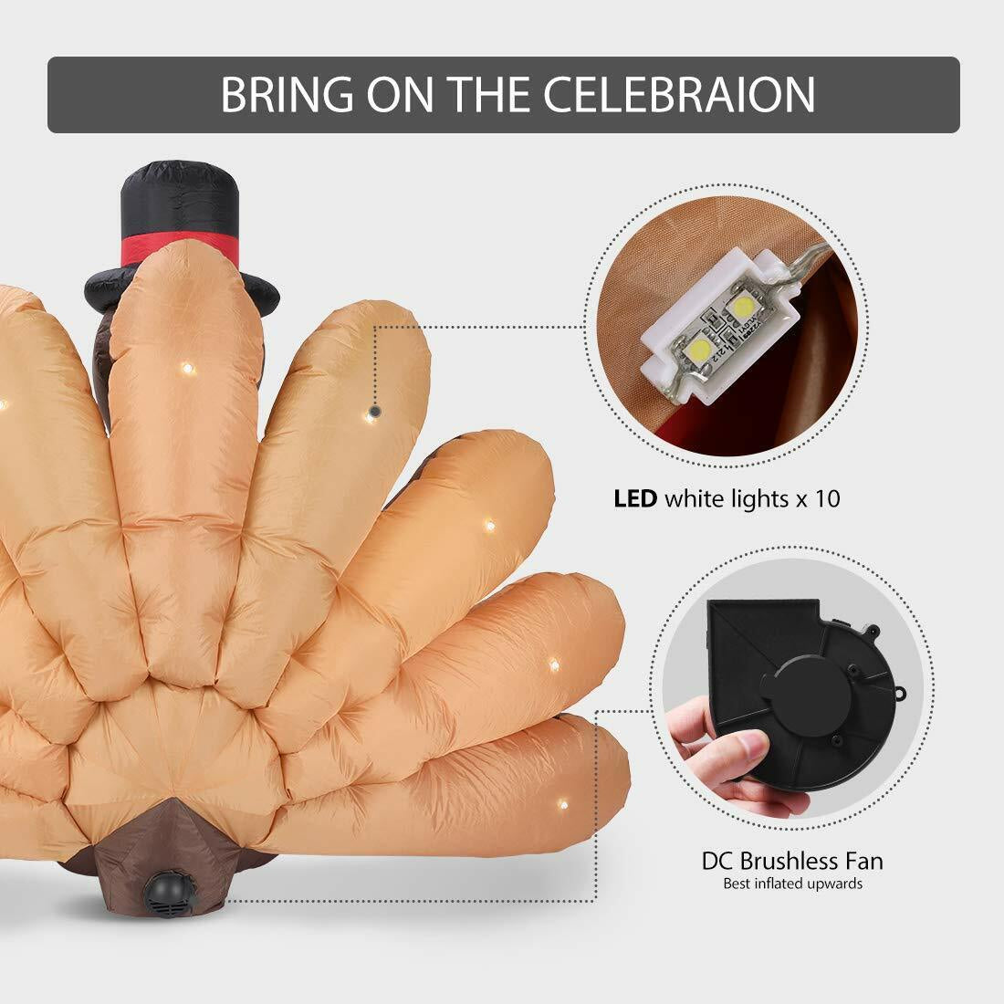 5Ft Inflatable Turkey LED Lighted Airblown Thanksgiving Outdoor Yard Decoration