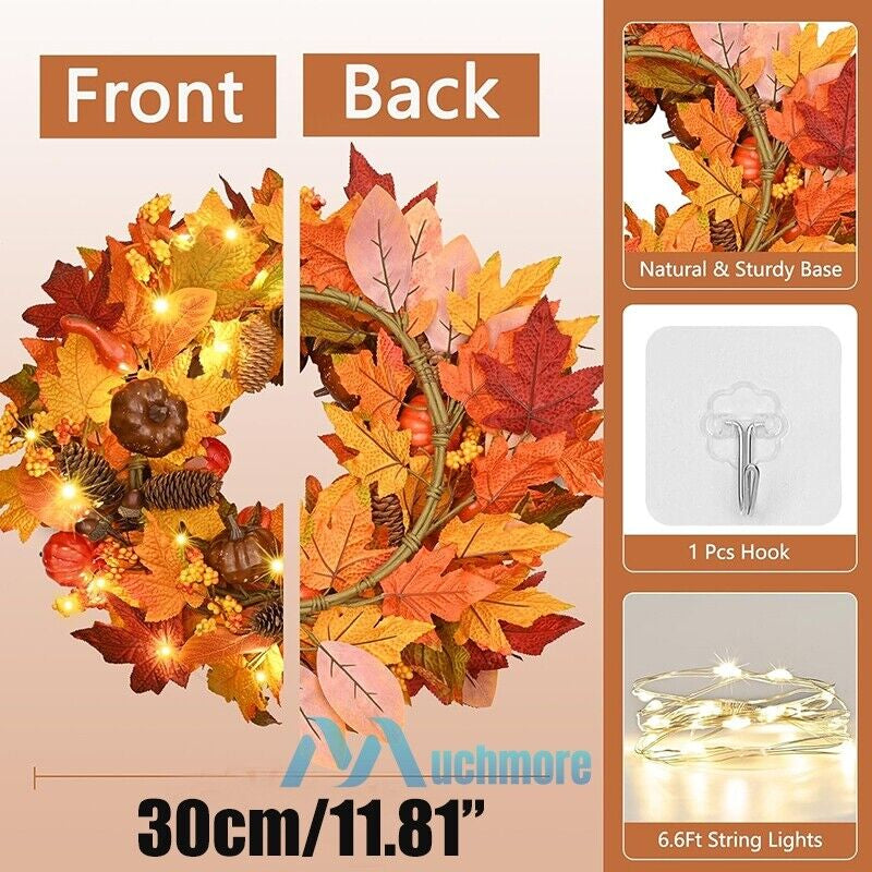 Fall Pumpkin Wreath Autumn Garlands LED Light Fr Front Door Hanging Thanksgiving