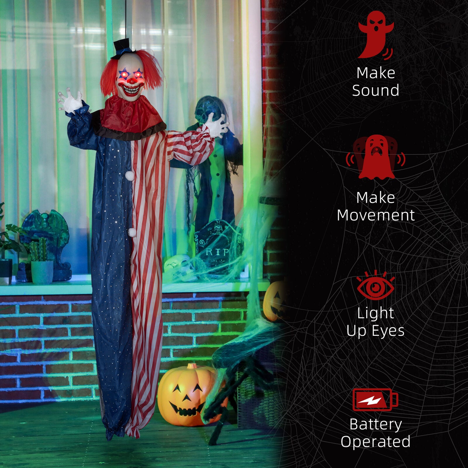 Hanging Clown Halloween Animatronic, Sound Activated for Party