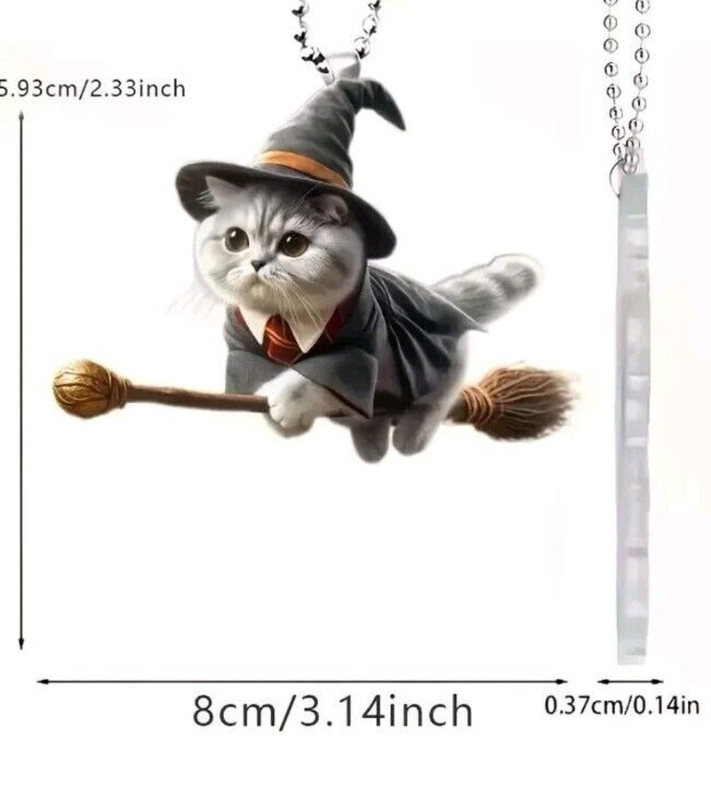 Flying Witch Cat | Acrylic Hanging Ornament | Halloween | Gothic | 2D Christmas