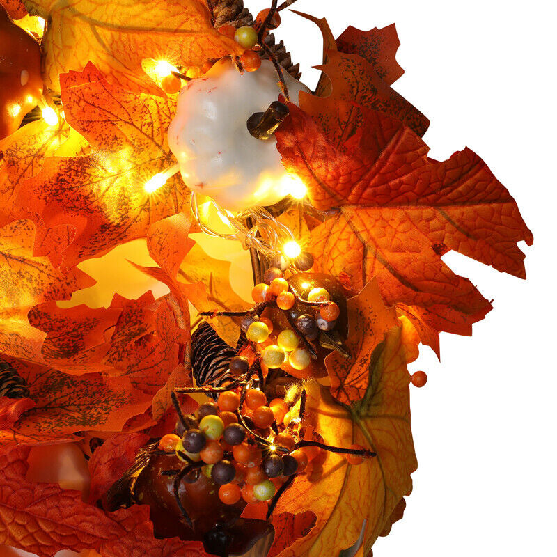 Fall Pumpkin Wreath Autumn Garlands LED Light Fr Front Door Hanging Thanksgiving
