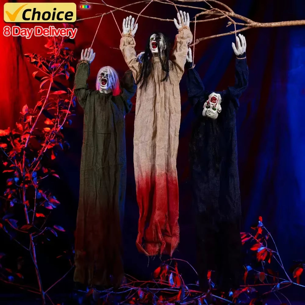 Halloween Animatronic Hanging Decoration Animated Talking Scary Clown with Chain Red Eyes Sound &Touch Activated Electric Horror