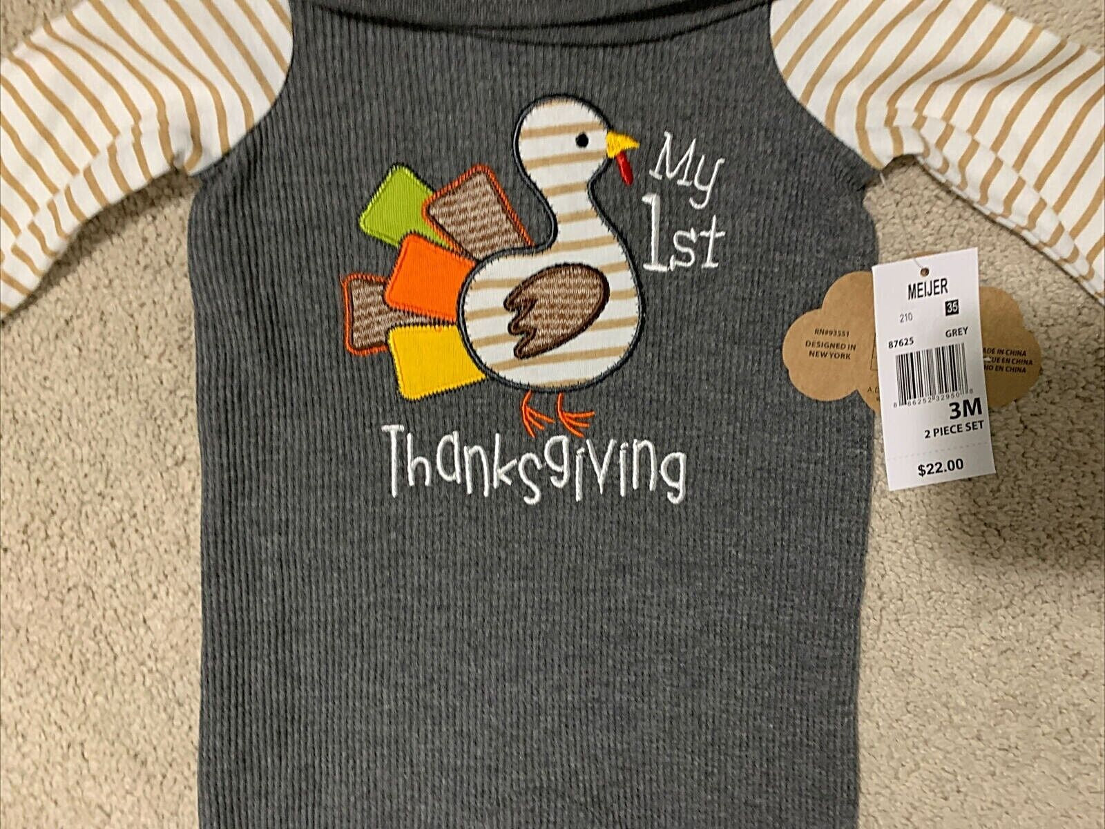 MY 1St THANKSGIVING 2-Piece Outfit Sleeper & Hat BABY ESSENTIALS 3 Mos. NEW