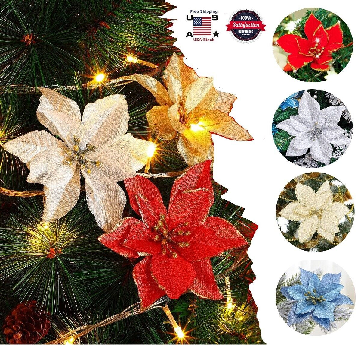 10× Christmas Tree Ornaments Glitter Hanging Flowers 5" Xmas Wreath DIY Decor US